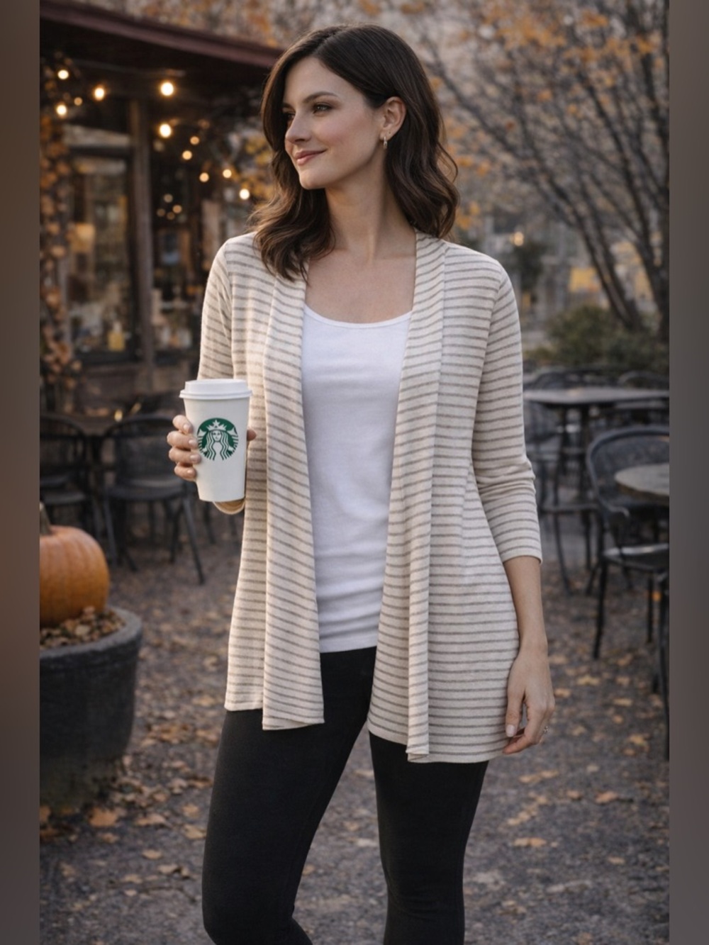 Chico’s Zenergy Striped Open Cardigan Size 1 Medium Neutral Lightweight Soft